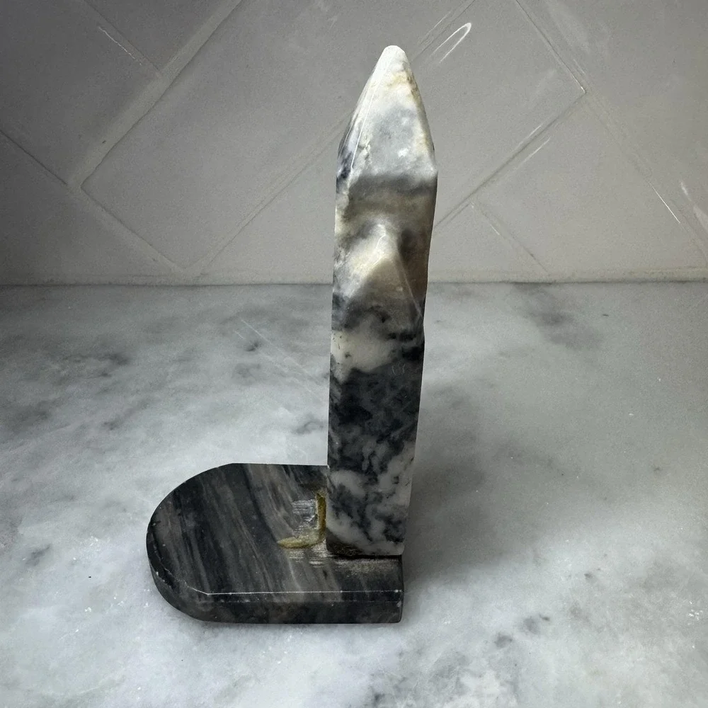Vintage Marble Stone Obelisk Bookend Gray White Natural Stone Decor 7.5